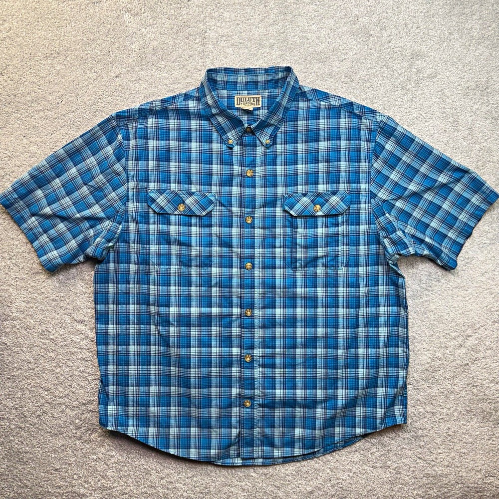 Duluth Trading Co Plaid Button Up Shirt Mens 2XL Blue Short Sleeve Pockets